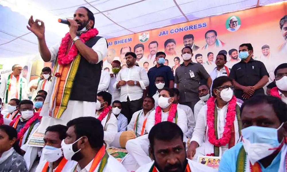 Congress MP N Uttam Kumar Reddy speaking at the Dalitha Avadena Deeksha in Hyderabad on Saturday