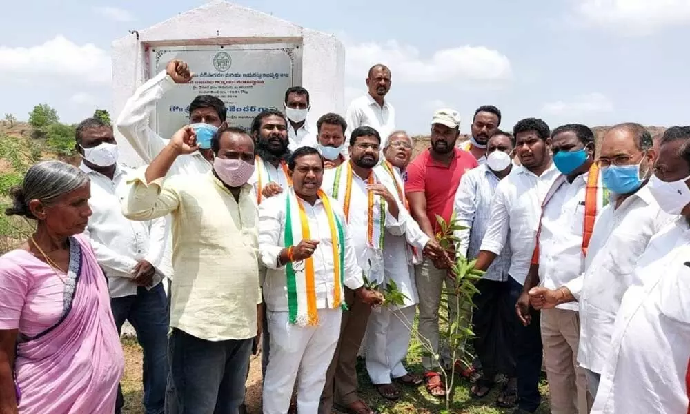 Congress leaders planting saplings at Shanagar in Karimnagar district