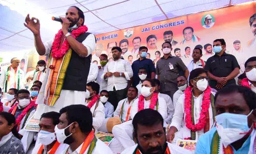 Congress MP N Uttam Kumar Reddy speaking at the Dalitha Avadena Deeksha in Hyderabad on Saturday