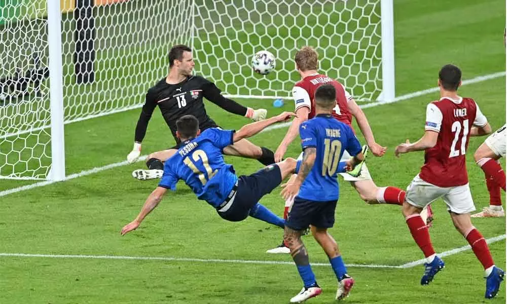 Italys Matteo Pessina scores their second goal during the Euro 2020 soccer championship round of 16 match against Austria at Wembley Stadium in London lateon  Saturday. Italy see off Austria 2-1 in extra time to reach quarterfinals
