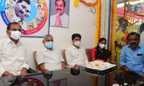 MLA Bhumana Karunakar Reddy speaking to media after inaugurating east division regional party office at Raghavendra Nagar in Jeevakona in Tirupati
