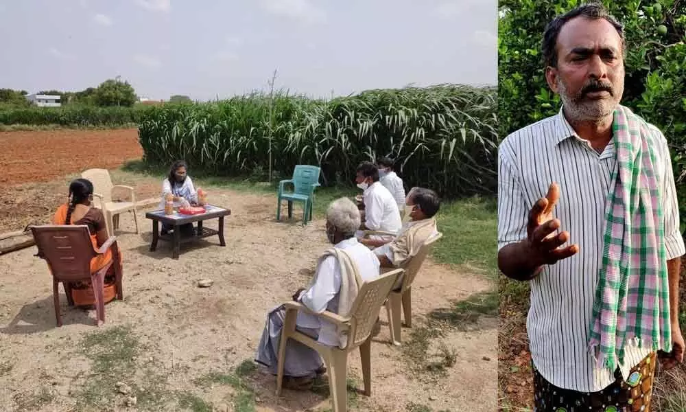 Mentor V Bhayva Sree taking a class to farmers on organic farming (Left) ; Farmer Maruthi Naidu (Right)