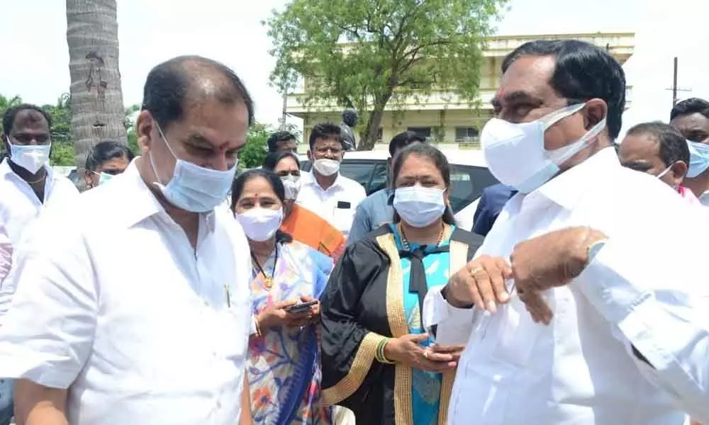 Panchayat Raj Minister Errabelli Dayakar Rao (right), Mayor Gundu Sudharani and Chief Whip D Vinay Bhaskar at the first Council meet of the Greater Warangal Municipal Corporation (GWMC) in Warangal on Tuesday