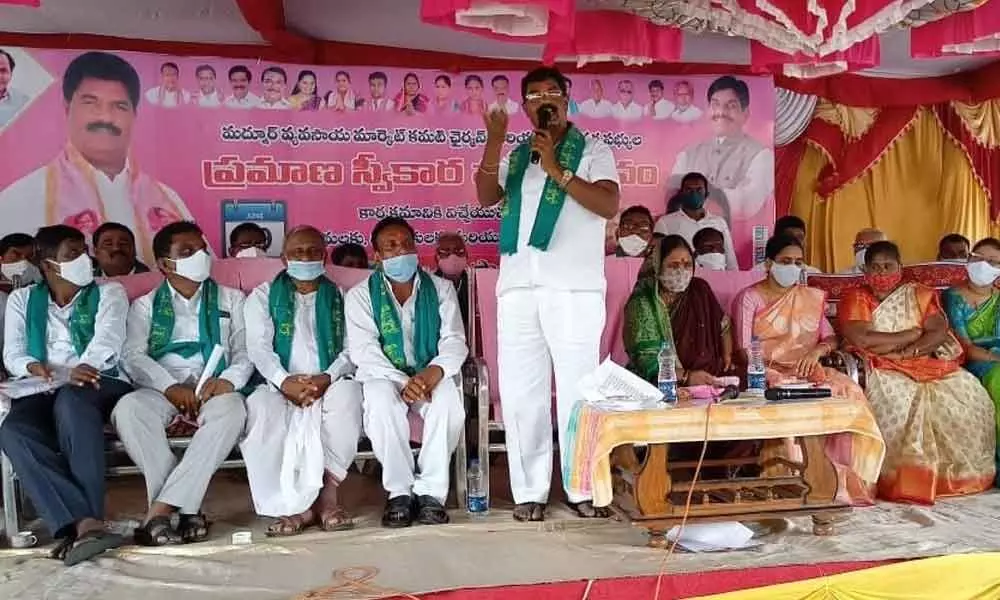 MLA Hanmanth Shinde addressing the gathering during a swearing in ceremony in Kamareddy on Tuesday