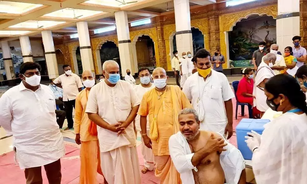 Vaccine being administered to ISKCON staff in Tirupati on Tuesday