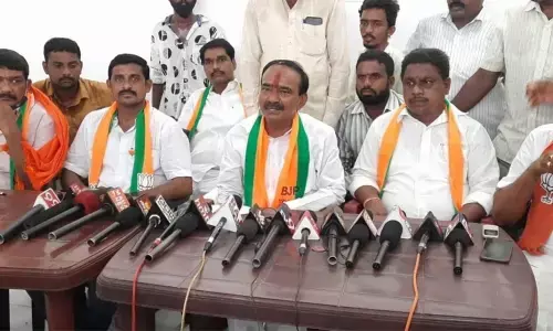 Former Minister Eatala Rajender addressing a press conference at Jammikunta in Karimnagar district on Wednesday
