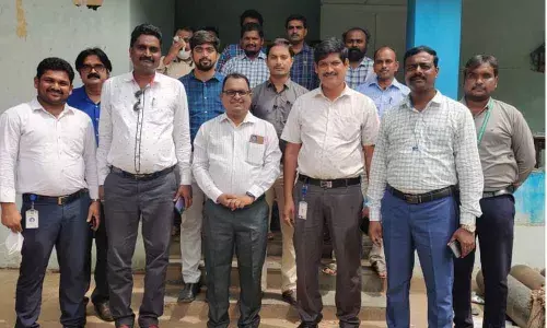 AEMS zonal manager Hemanta Kumar Bhattu, RPM Dr Sonar Babu, 104 DM P Siva Rakesh and others celebrating first anniversary of AEMS