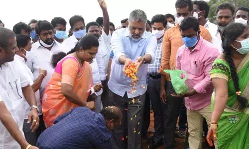 Chandragiri MLA Chevireddy Bhaskar Reddy participating in the foundation stone laying ceremony of Jagananna colony