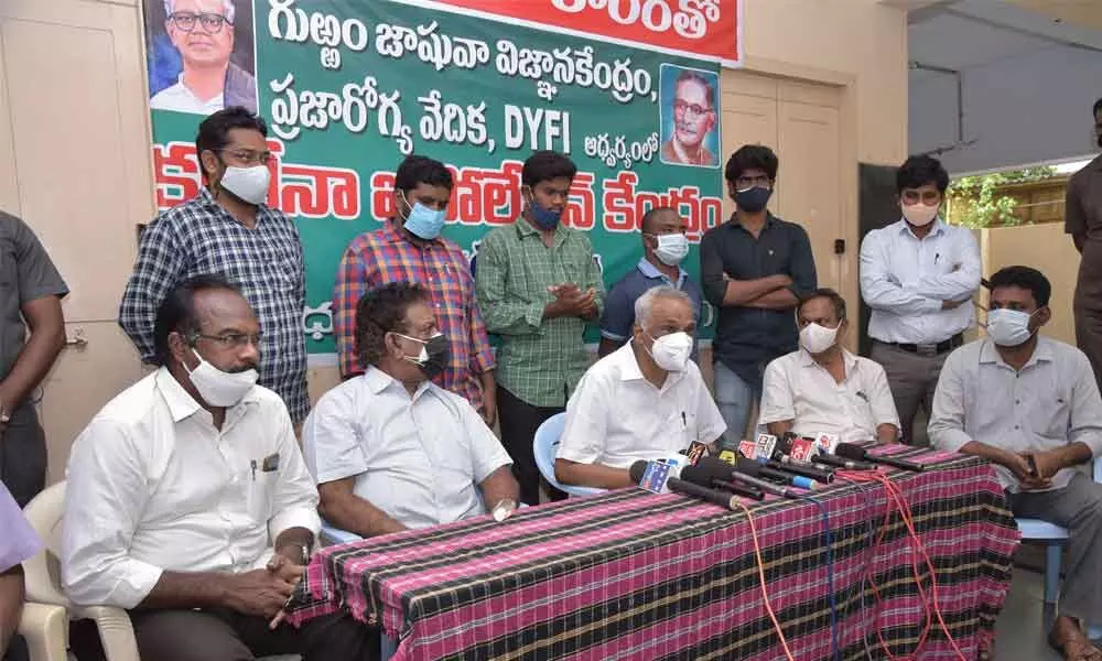 State Legislative Council Pro-tem Chairman Vithapu Bala Subramanyam addressing a meeting in Guntur on Friday. MLC KS Lakshmana Rao also seen