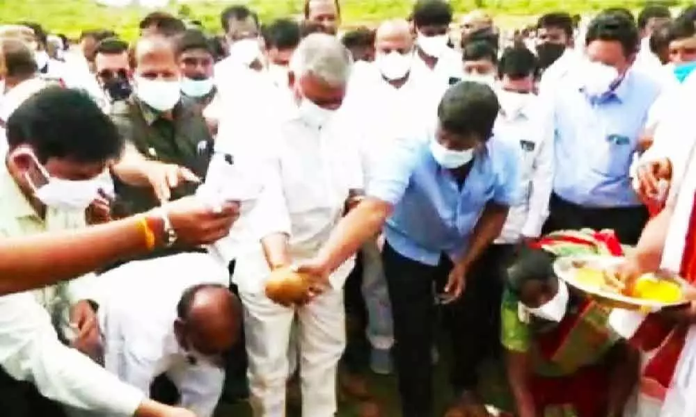 Panchayat Raj Minister P Ramachandra Reddy laying foundation stone for YSR Housing colony at Pulichetla  on Saturday