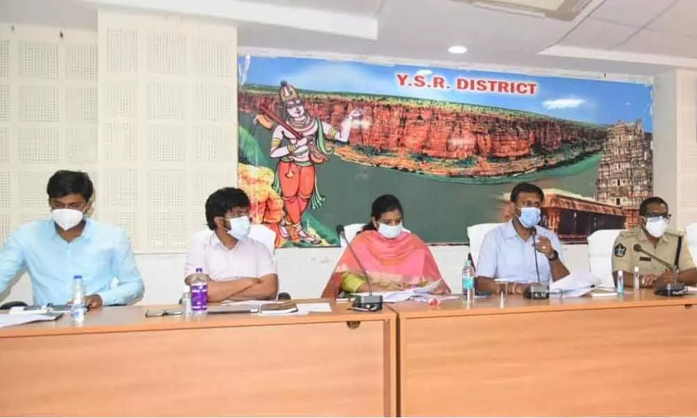 District Collector CH Harikiran addressing a review meeting with officials in connection with the CM’s visit to the district, in Kadapa on Saturday.