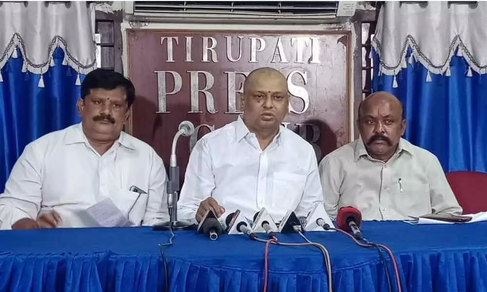 Building and Other Construction Workers Central Board chairman Srunivasulu Naidu addressing a media in Tirupati on Saturday