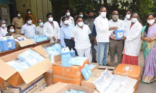 MLA Bhumana Karunakar Reddy handing over the medical equipment on behalf of APNRTS to Ruia hospital superintendent Dr T Bharathi in Tirupati on Saturday. Mayor Dr R Sirisha is also seen.