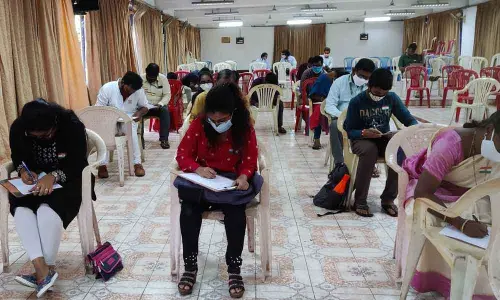 Students taking part in the competitions held as part of the Aazadi Ka Amrut Mahotsav at VPT in Visakhapatnam on Saturday