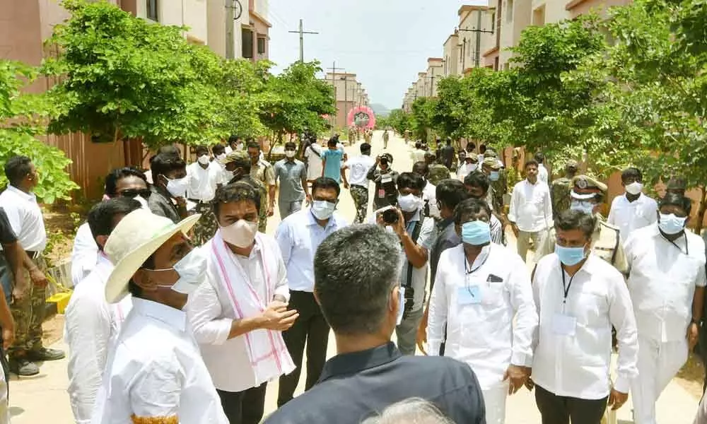 Chief Minister KCR inaugurating the Dignity Housing (2BHK) Complex at Mandepalli village in Tangallapalli mandal in Rajanna Sircilla district on Sunday