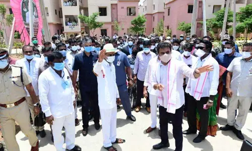 CM K Chandrashekhar Rao greeting the public at the programme at Sircilla on Sunday