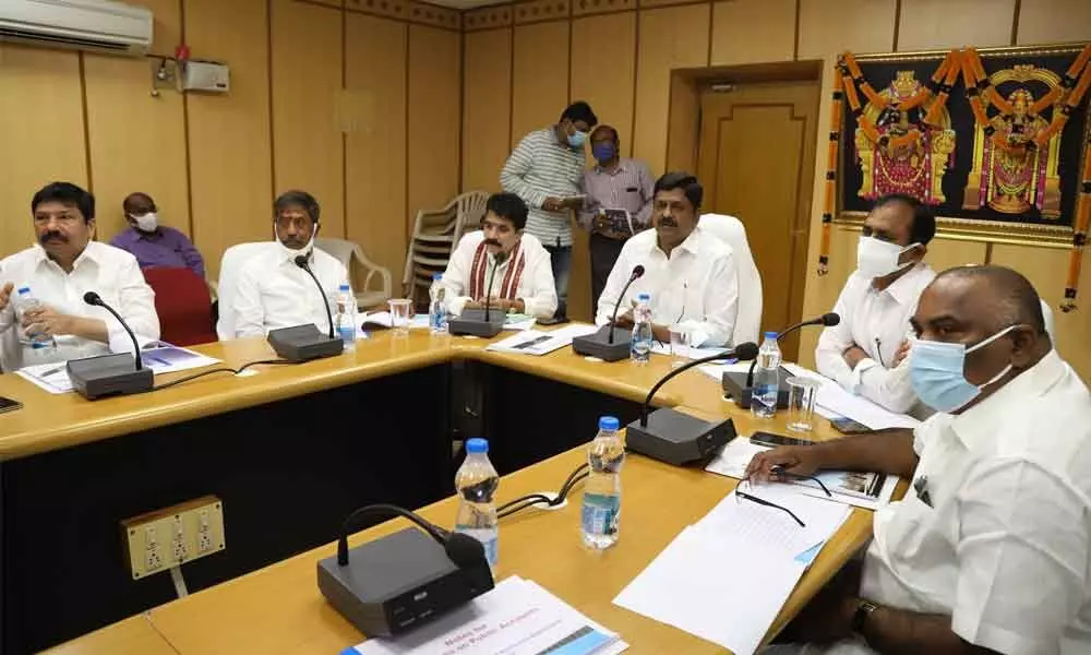PAC Chairman Payyavula Keshav presiding over a meeting with officials in Tirupati on Monday
