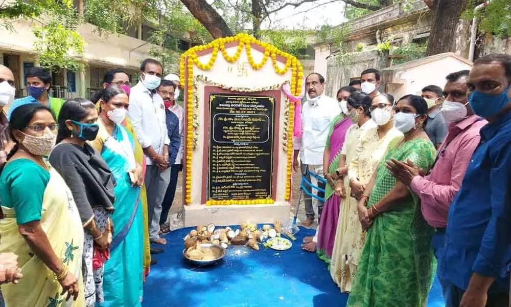 MLA M Sanjay Kumar laying foundation stone for additional classrooms at Government Womens College at Jagtial on Monday.