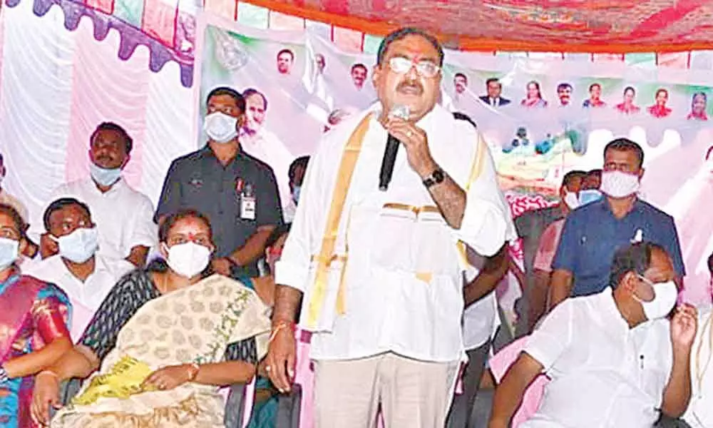 Minister Errabelli Dayakar Rao addressing a gathering at Bornapally village in Jagtial district on Tuesday