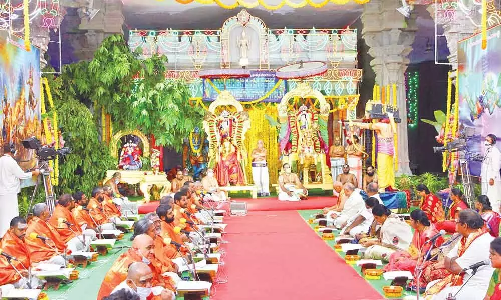 Vedic pundits rendering slokas from `Ravana Samharam at Vasantha Mandapam at Tirumala on Tuesday