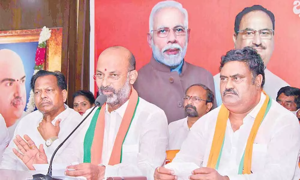 BJP State president and Karimnagar MP Bandi Sanjay Kumar addressing the media at the party office in Hyderabad on Tuesday