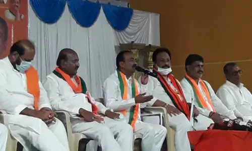 Former Minister Eatala Rajender addressing a press conference at Huzurabad in Karimnagar on Wednesday