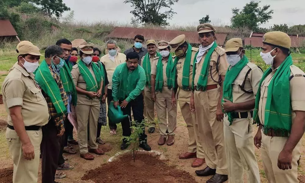 DTC M Chandra Shekhar Goud planting sapling at the transport office in Karimnagar on Thursday