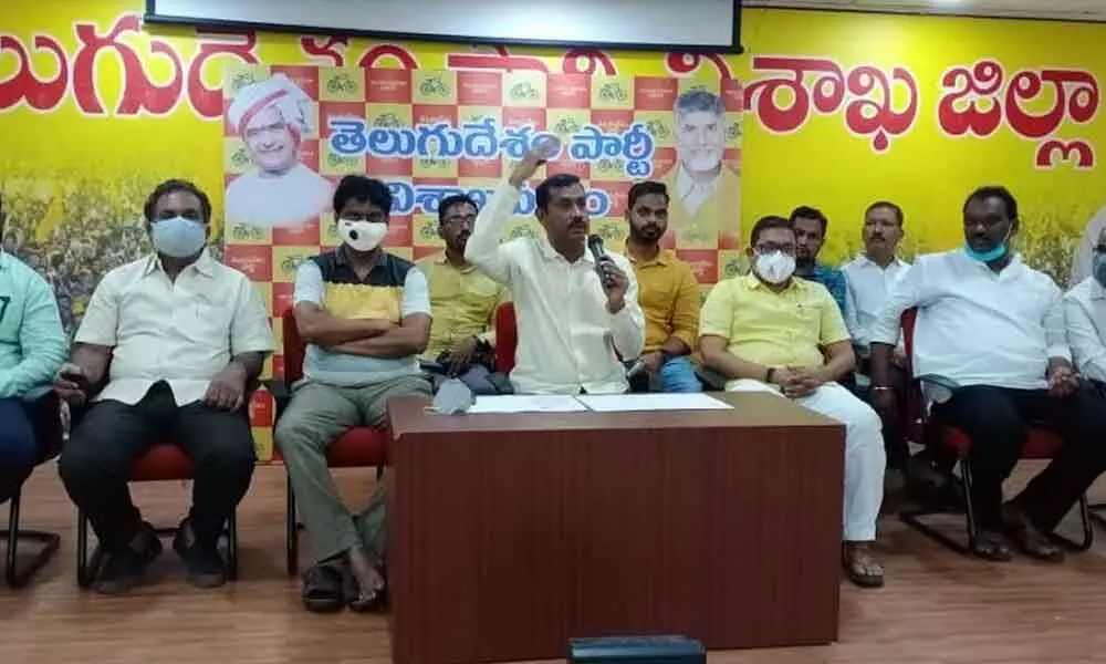 TDP Visakhapatnam Parliamentary constituency committee president Palla Srinivasa Rao speaking at a press conference in Visakhapatnam on Thursday