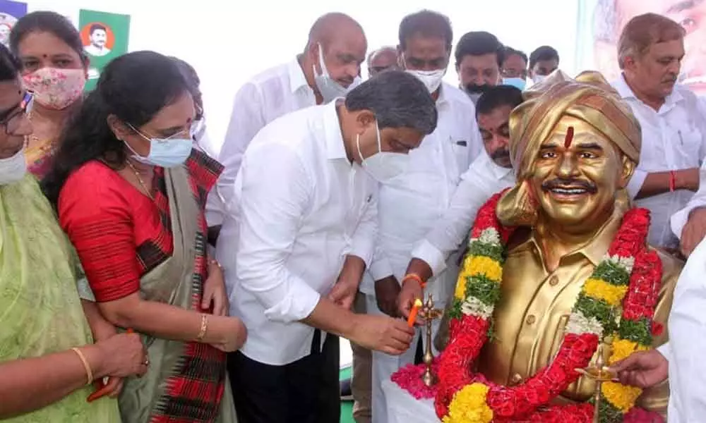 Govt Advisor (Public Affairs) Sajjala Ramakrishna Reddy pays tributes to former Chief Minister Y S Rajasekhara Reddy on his birth anniversary at party central office in Mangalagiri on Thursday