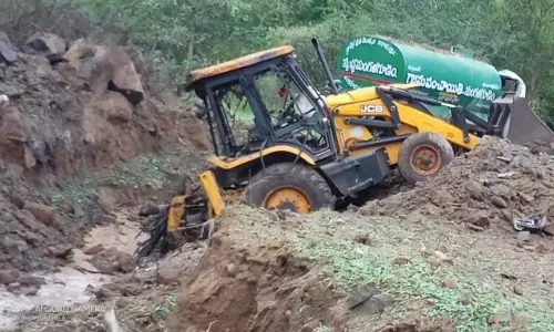 The JCB that was destroyed during an explosion in Mangalagudem village on Thursday