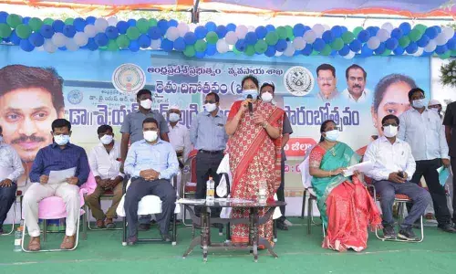 Home Minister Mekathoti Sucharita speaking at the inauguration of YSR AgriTesting Lab at Prattipadu on Thursday. District Collector Vivek Yadav, Joint Collector AS Dinesh Kumar also seen’