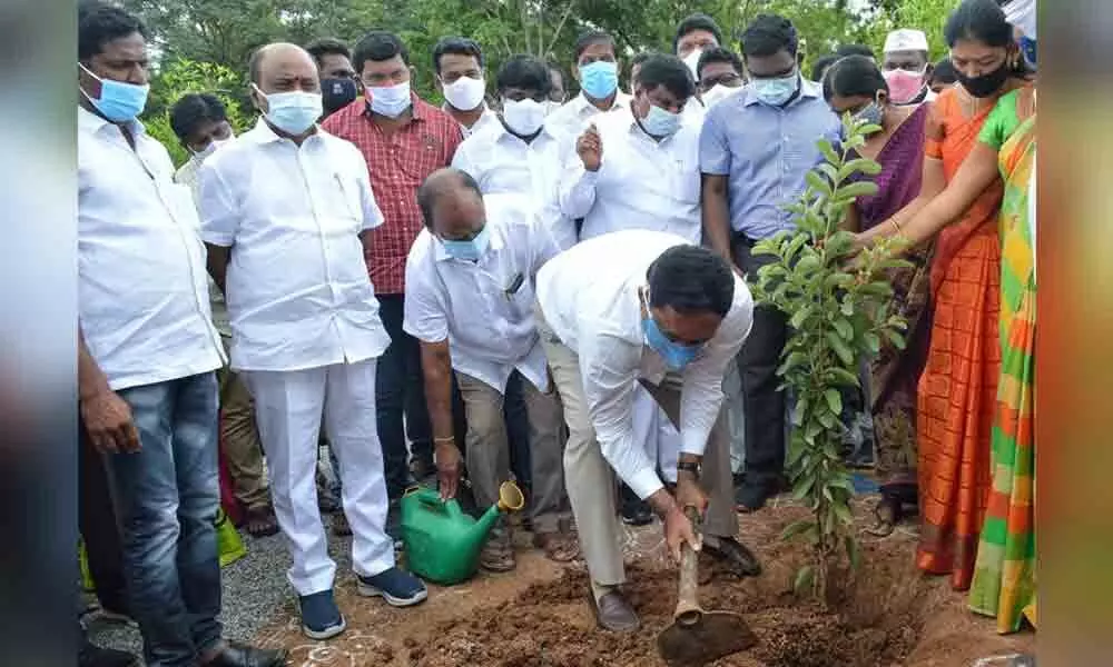 Panchayat Raj Minister Errabelli Dayakar Rao planting a sapling during the Palle Pragathi programme at Uppal