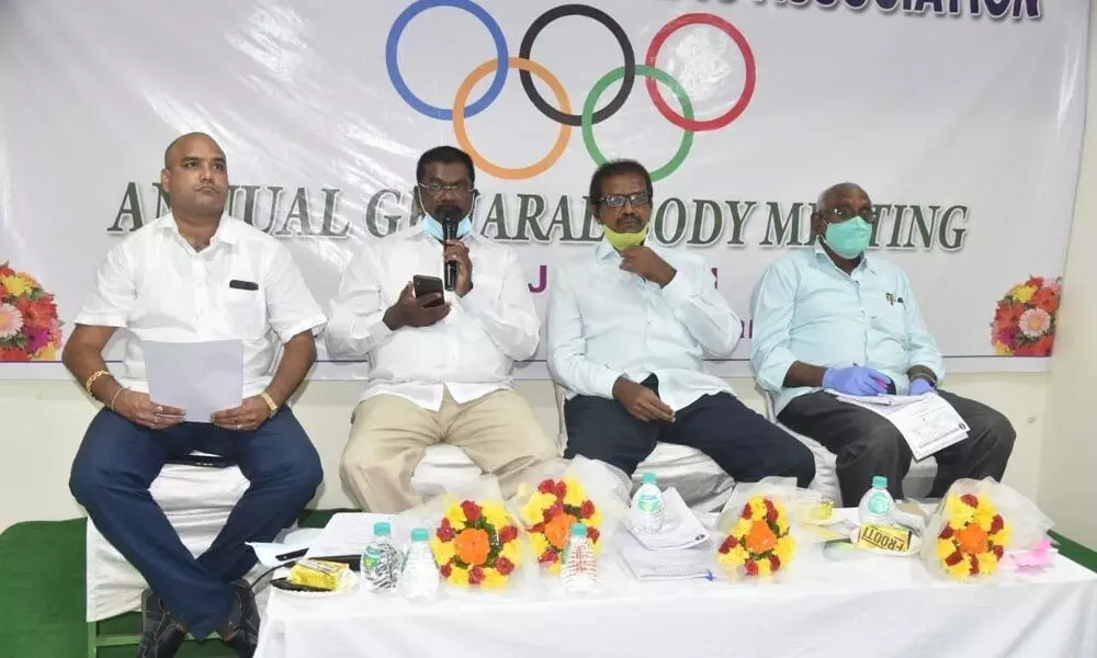 R K Purushotham, General Secretary of AP Olympic association addressing a meeting in Vizianagaram on Sunday