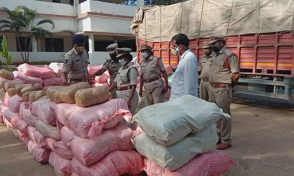 Police inspecting the seized ganga in Vizianagaram on Sunday