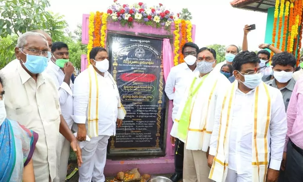 Ministers Errabelli Dayakar Rao and Puvvada Ajay Kumar launching Prakruthi Vanam at Gangaram village on Sunday