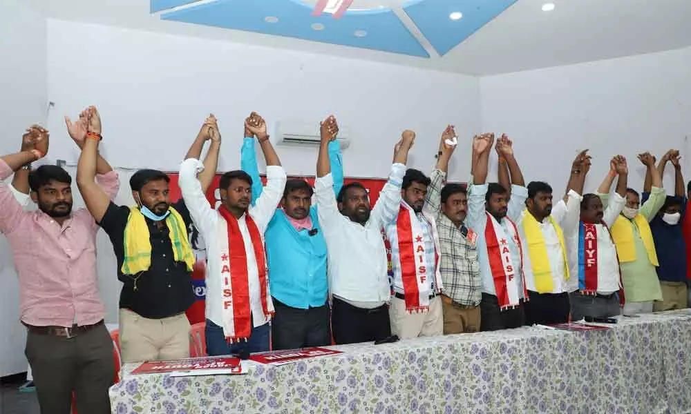 Student unions’ leaders join hands at Nirudyoga Garjana held at CPI office in Tirupati on Monday