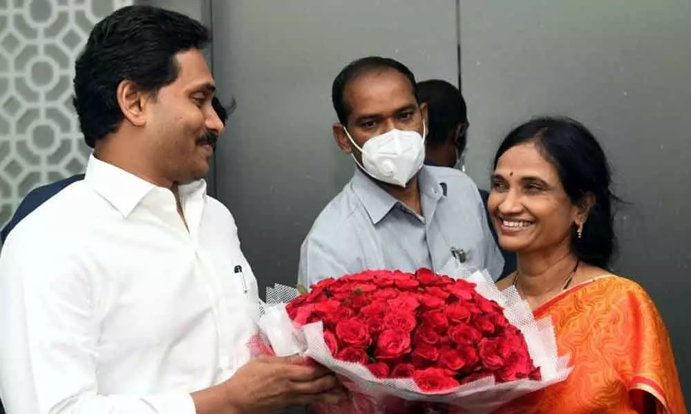 B Udaya Lakshmi calls on Chief Minister Y S Jagan Mohan Reddy after assuming office as a member of APPCA at Tadepalli on Monday