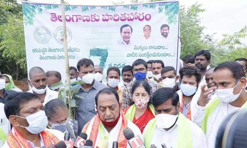 Ministers A IndraKarn Reddy and G Jagadish Reddy speaking to the media in Bhongir on Monday