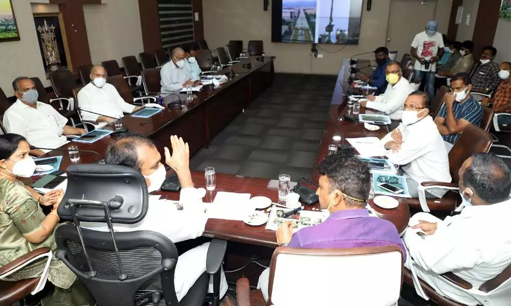 MLA Bhumana Karunakar Reddy, Municipal Commissioner P S Girisha and others at the city level advisory forum meeting at the Tirupati Municipal Corporation on Tuesday