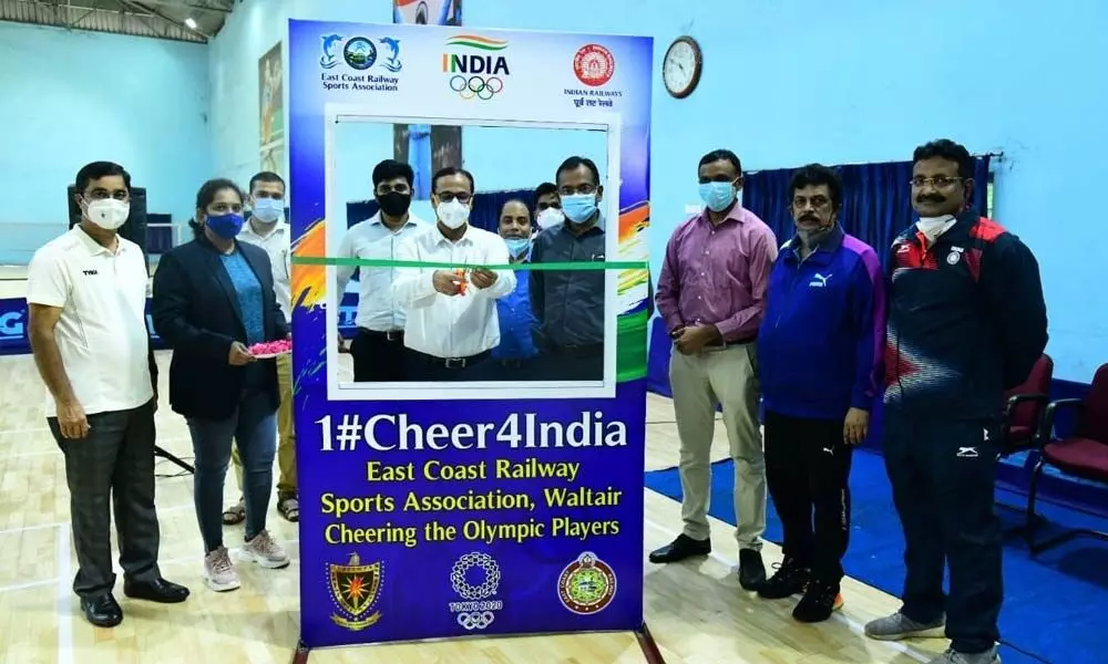 Divisional Railway Manager Chetan Kumar Shrivastav inaugurates a selfie point at Railway Indoor Sports Enclave in Visakhapatnam on Tuesday