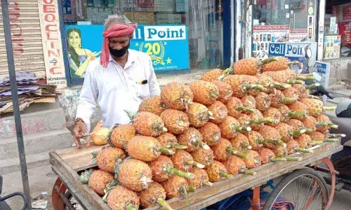 A pushcart vendor sells pineapples in Vizianagaram