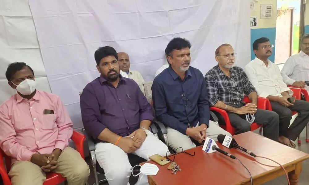 TRESMA State President Y Shekar Rao along with other dignitary speaking to the media in Nizambad on Wednesday