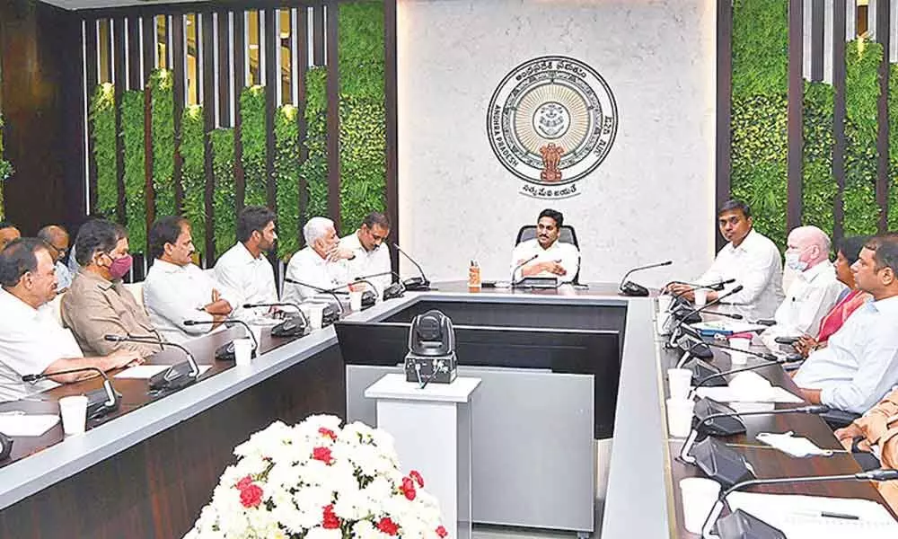 Chief Minister Y S Jagan Mohan Reddy holds a meeting of YSRCP MPs to discuss party strategy in the ensuing Parliament session, at his camp office on Thursday