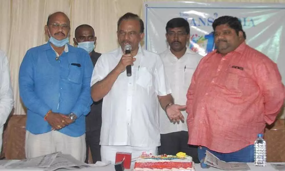 Ongole MP Magunta Srinivasulu Reddy, Deputy Mayor Vemuri Suryanarayana and others participating in the 10th anniversary celebrations of ‘The Hans India’ in Ongole on Friday