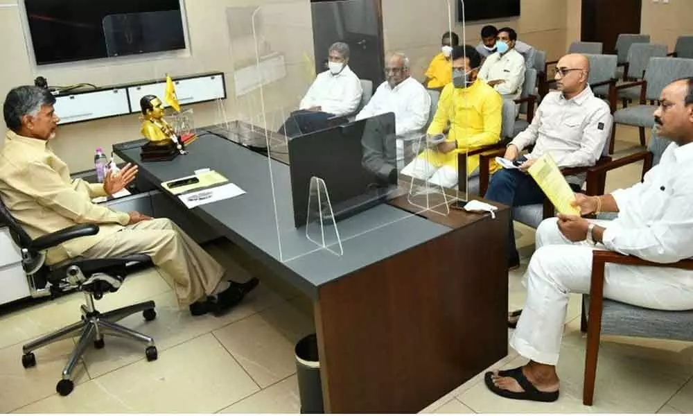 TDP national president N Chandrababu Naidu addresses TDP Parliamentary Party meeting at the party state office in Mangalagiri on Friday
