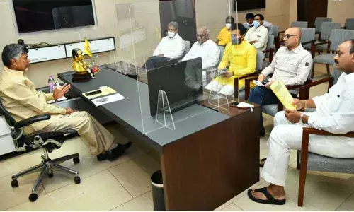 TDP national president N Chandrababu Naidu addresses TDP Parliamentary Party meeting at the party state office in Mangalagiri on Friday