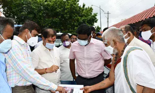 Government Chief Whip D Vinay Bhaskar along with Warangal Urban District Collector Rajeev Gandhi Hanumanthu inspecting the temple in Warangal on Friday