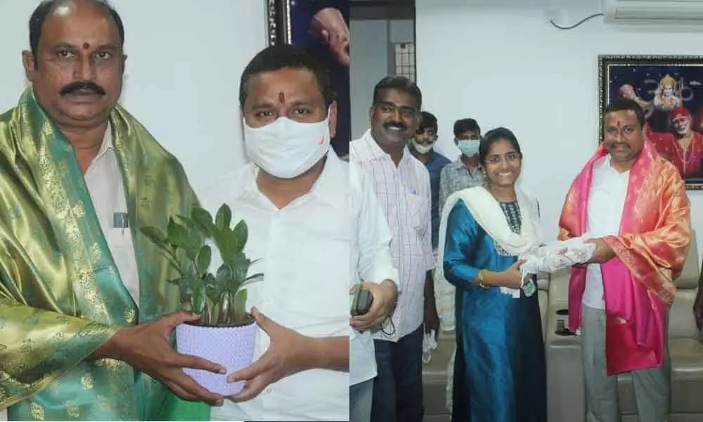Adapa Seshagiri and Bandi Punyaseela meeting Endowments Minister Vellampalli Srinivasa Rao in Vijayawada on Saturday