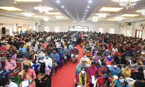Caption: Youngsters participating in job mela in Nalgonda on Saturday