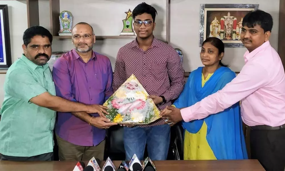 Narayana school and college management congratulating Akshant Joshi in Ongole on Sunday